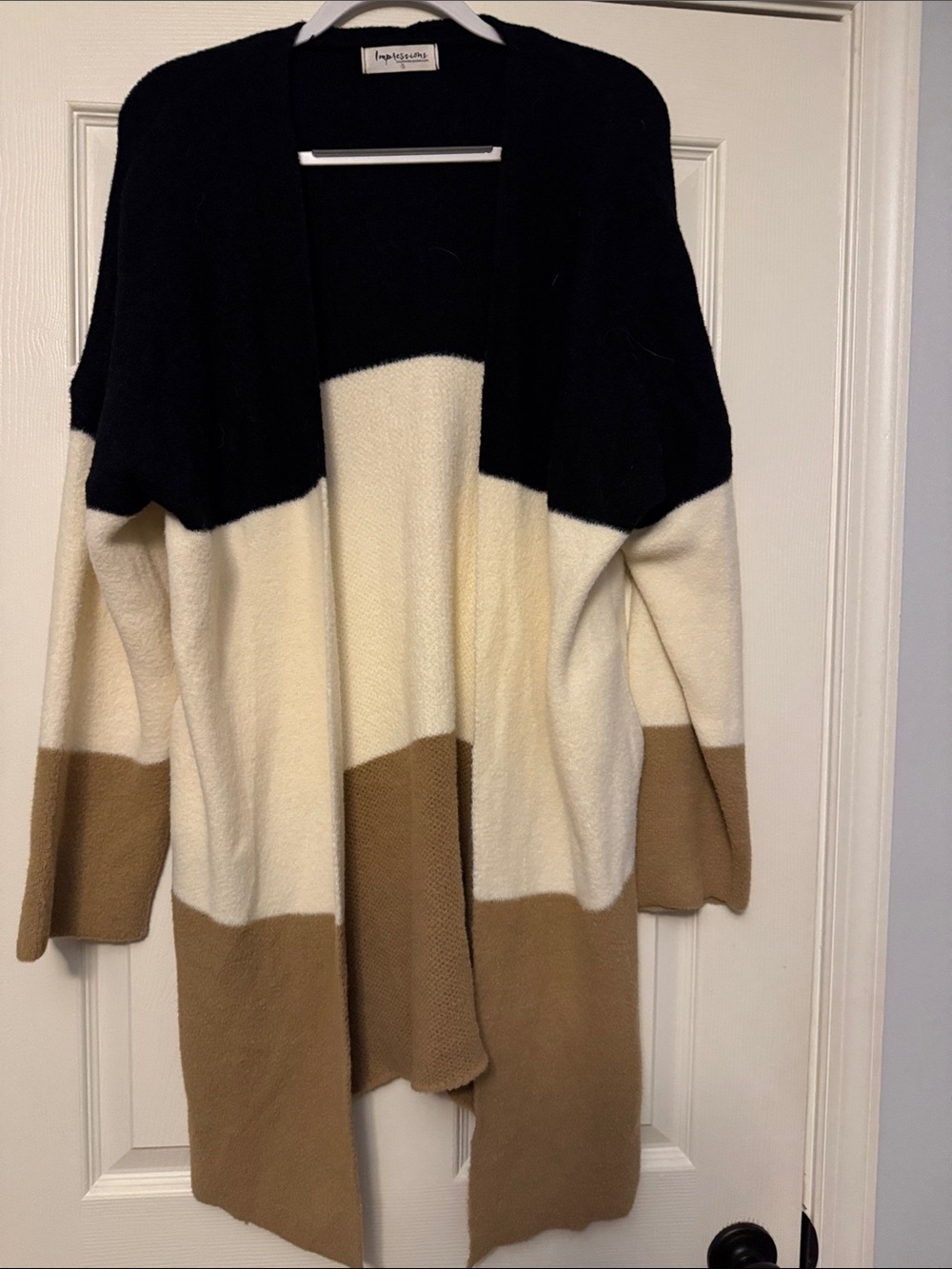 NWOT Impressions cardigan in black, cream, and tan oversized small